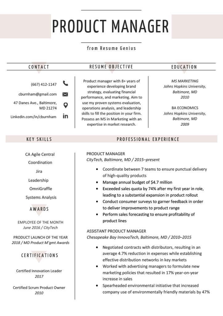 objective on a resume for a product manager